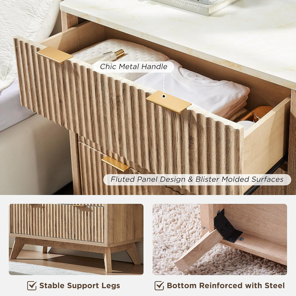 T4TREAM Fluted 3 Drawer Dresser, 32' Tall Modern Chest of Drawers with Faux Marble Top, Curved Profile Design, Wood Drawer Organizer for Bedroom, Living Room, Hallway, Entryway, Natural Oak