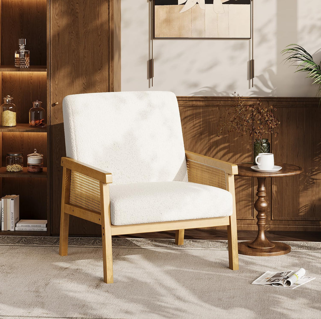 Garvee Boucle Accent Chair, Rattan Armchair with Wooden Frame, High Back, Upholstered Reading Chair Leisure Chairs for Living Room Bedroom Waiting Room Reception, White