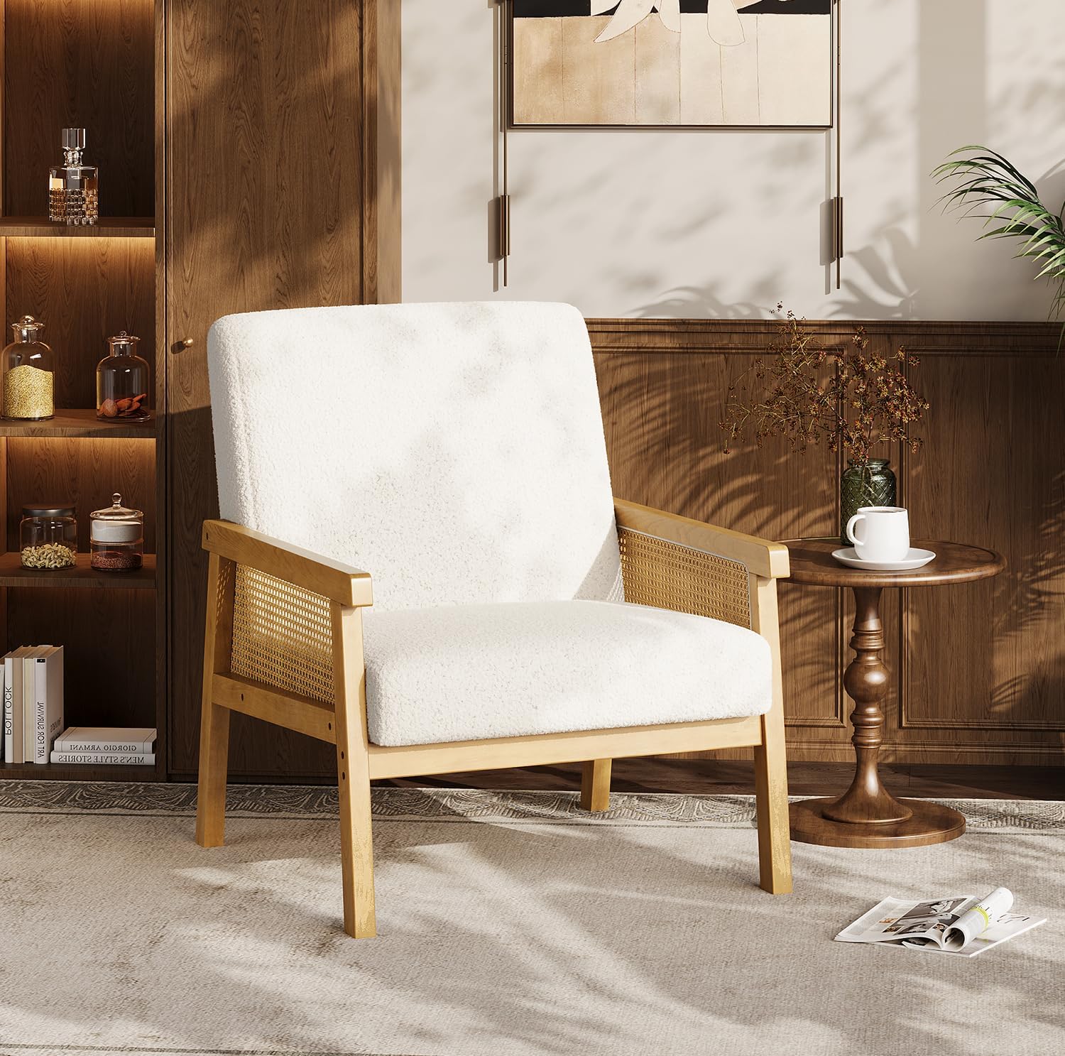 Garvee Boucle Accent Chair, Rattan Armchair with Wooden Frame, High Back, Upholstered Reading Chair Leisure Chairs for Living Room Bedroom Waiting Room Reception, White