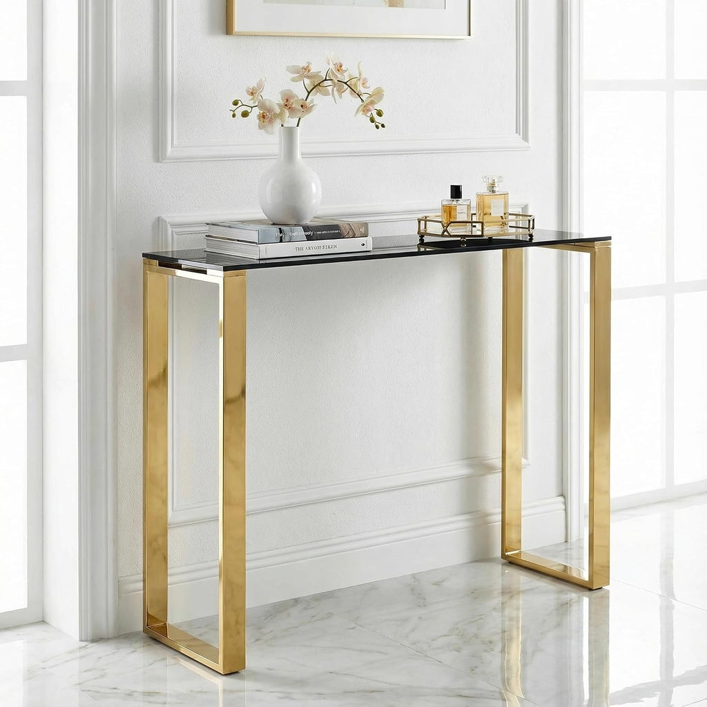Cortesi Home Remini Narrow Contemporary Glass Console Table in Polished Gold Finish, Black Glass