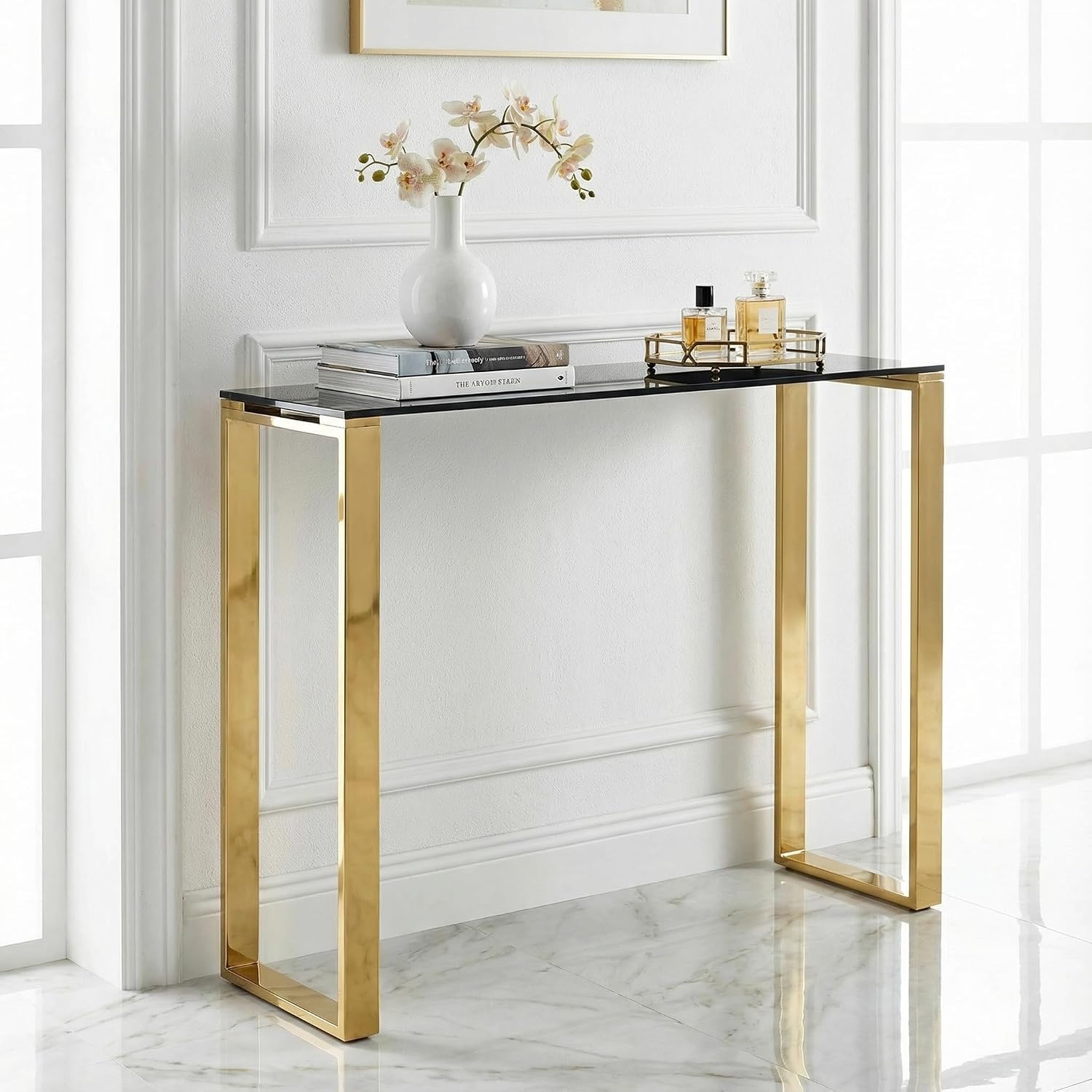 Cortesi Home Remini Narrow Contemporary Glass Console Table in Polished Gold Finish, Black Glass