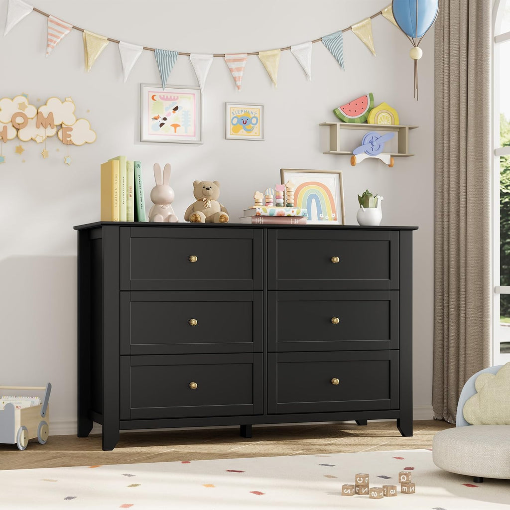 IDEALHOUSE Black 6 Drawer Dresser for Bedroom, Large Dresser with Deep Drawers & Metal Knobs, Modern Wooden Chests of Drawers for Entryway, Hallway