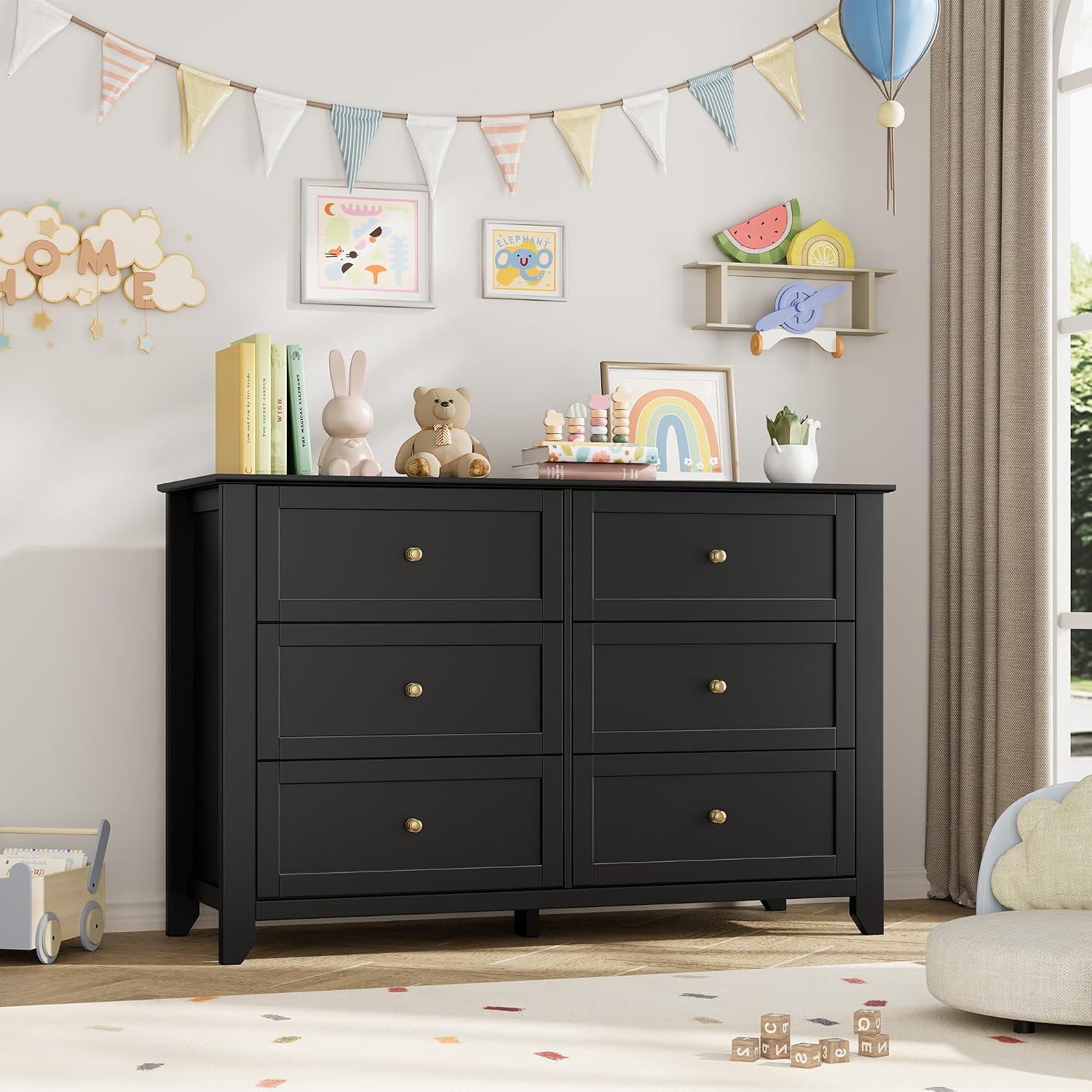 IDEALHOUSE Black 6 Drawer Dresser for Bedroom, Large Dresser with Deep Drawers & Metal Knobs, Modern Wooden Chests of Drawers for Entryway, Hallway