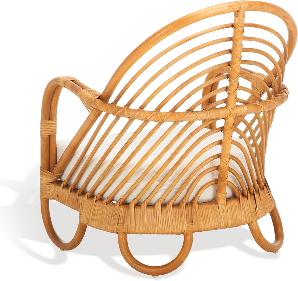 SAFAVIEH Couture Collection Ivybelle Tropical Coastal Natural Rattan/White Linen Cushion Accent Chair (Fully Assembled)