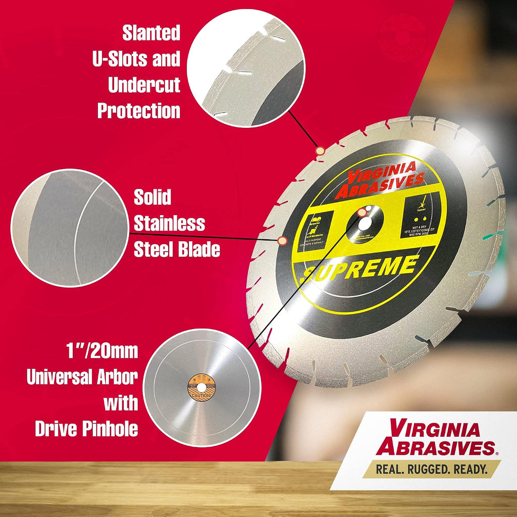 Virginia Abrasives 425-06264 - 1pc 18' Pro-Cut Multi-Purpose High Speed Diamond Blade - Wet/Dry Cutter - High-Speed Performance Tool (18' x .125' x 1'/20mm) - Ideal for Concrete, and Asphalt