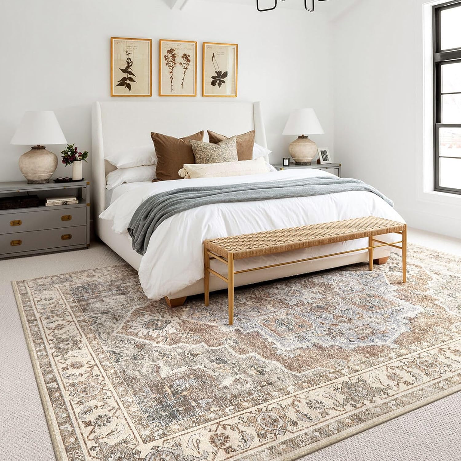 9x12 Washable Area Rug: Vintage Neutral Soft Non Slip Thin Large Floor Carpet for Living Room Bedroom Kitchen Dining Room Home Office Farmhouse Indoor - Grey Brown