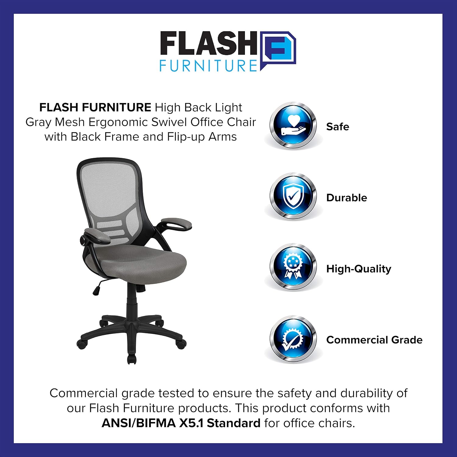Flash Furniture Porter High-Back Swivel Office Chair with Adjustable Lumbar Support and Seat Height, Ergonomic Mesh Desk Chair with Flip-Up Armrests, Gray/Black