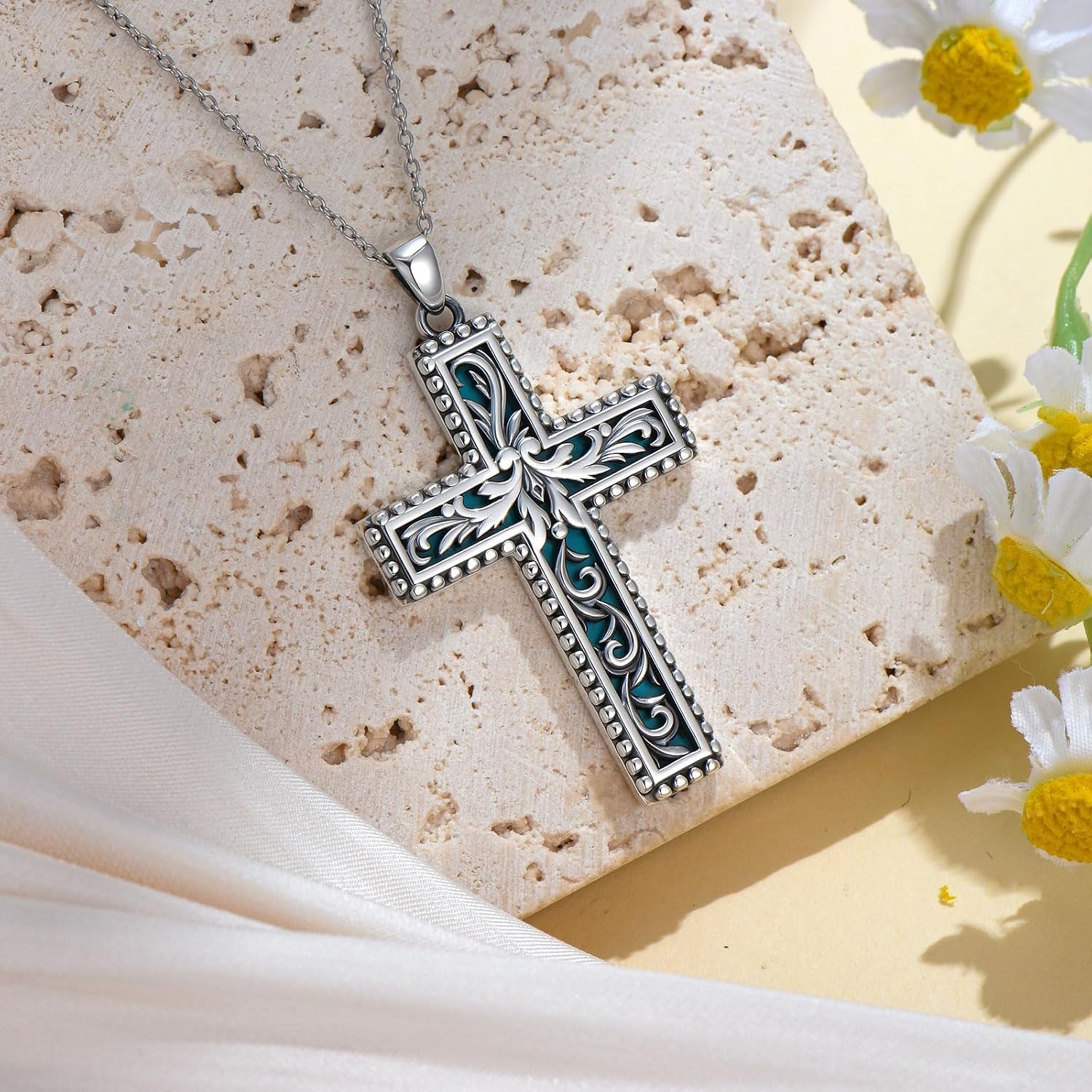 Natural Turquoise Cross Pendant Necklace for Women 925 Sterling Silver 1.2mm Cable Chain and Pendant with Genuine Turquoise Jewelry Gifts for Her 147022