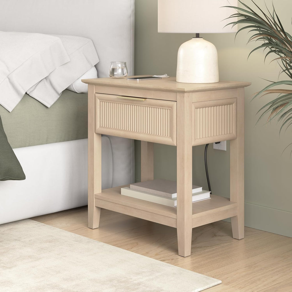 Bush Home Fluted Nightstand with Drawer, Bedroom Furniture, Camille Collection, Natural Birch Beige