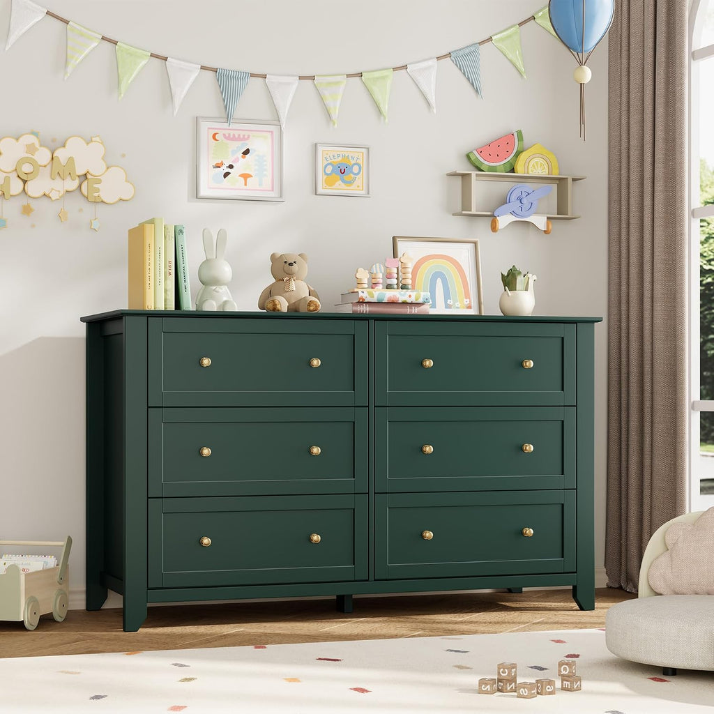 IDEALHOUSE Green 6 Drawer Dresser for Bedroom, 54' Wide Dresser with Deep Drawers & Metal Knobs, Modern Large Wooden Chests of Drawers for Entryway, Hallway