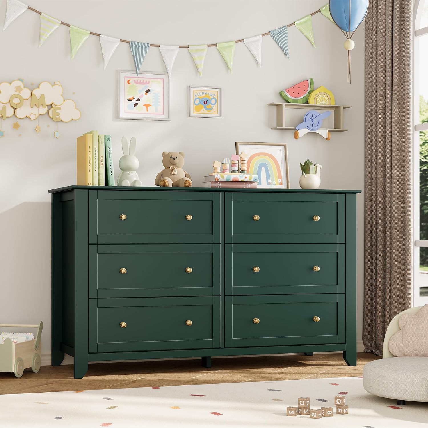 IDEALHOUSE Green 6 Drawer Dresser for Bedroom, 54' Wide Dresser with Deep Drawers & Metal Knobs, Modern Large Wooden Chests of Drawers for Entryway, Hallway