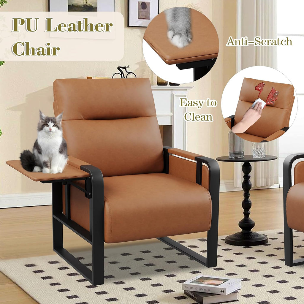 Brown PU Leather Accent Chairs Set of 2 with Side Table Modern Upholstered Armchair Leisure Side Chairs for Living Room Bedroom Office