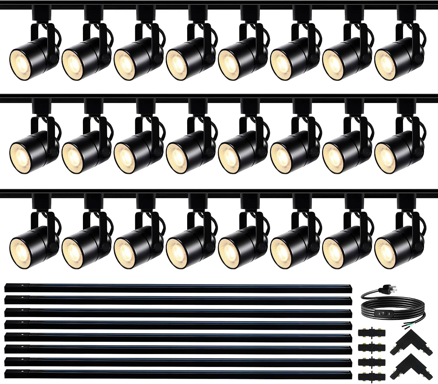 GU10 LED Black Track Lighting Complete Kit, 3000K Warm White, 24 Packs GU10 Dimmable Ceiling Spotlight Fixture with 26.24ft H Type Track Rails, Replaceable 10W LED Bulbs for Home