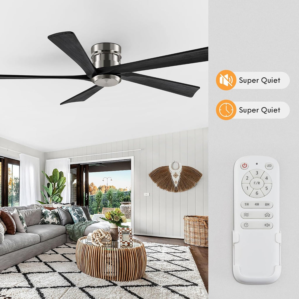 EKIZNSN 72 Inch Brushed Nickel Flush Mount Ceiling Fans without Light for Patios, 110V Noiseless Reversible DC Motor, 6-Gear Speed (Nickel Finish with Black Blades)