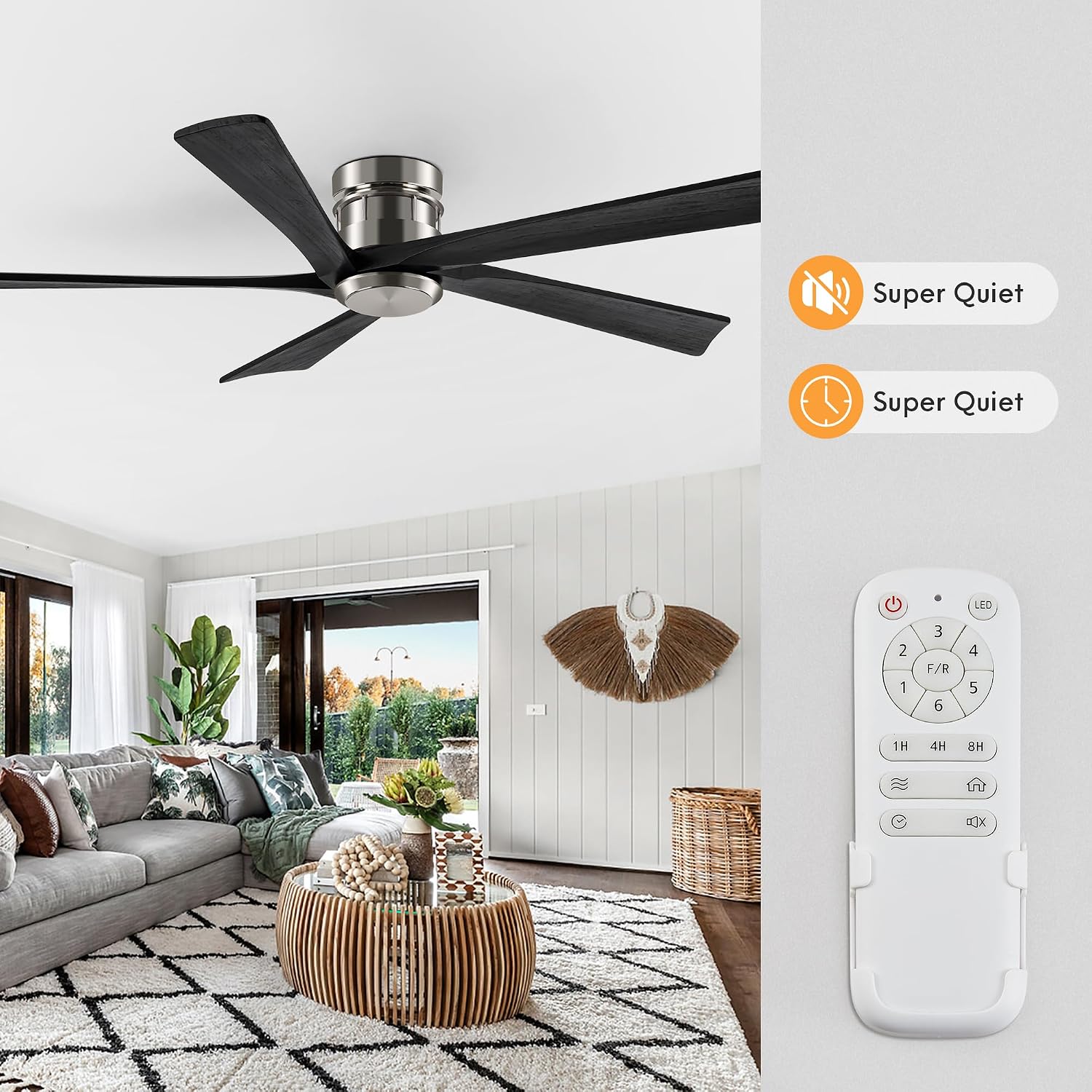 EKIZNSN 72 Inch Brushed Nickel Flush Mount Ceiling Fans without Light for Patios, 110V Noiseless Reversible DC Motor, 6-Gear Speed (Nickel Finish with Black Blades)