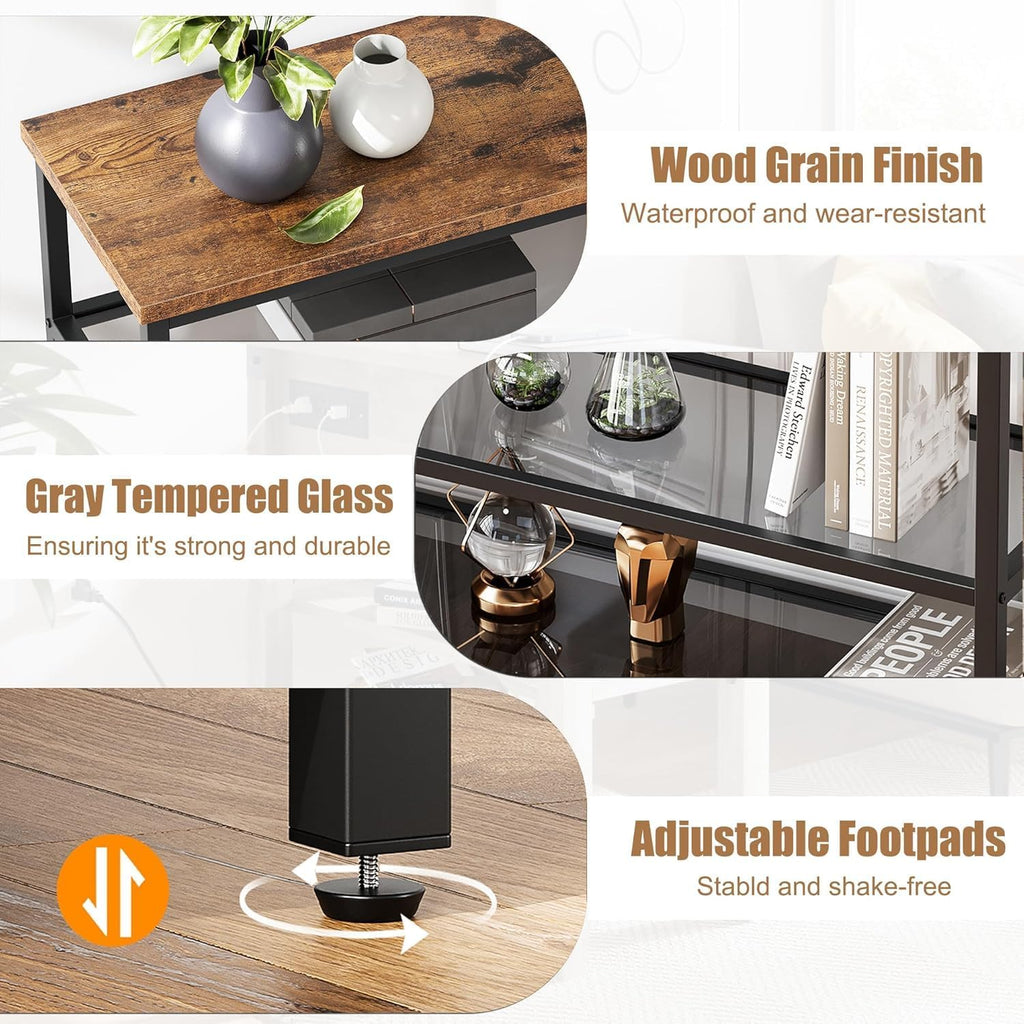 IDEALHOUSE 39.4' Console Table 4-Tier Narrow Entryway Table with Glass Storage Shelf and Metal Frame for Hallway, Living Room, Foyer, Bedroom, Corner Tables, Small Space Furniture, Rustic Brown