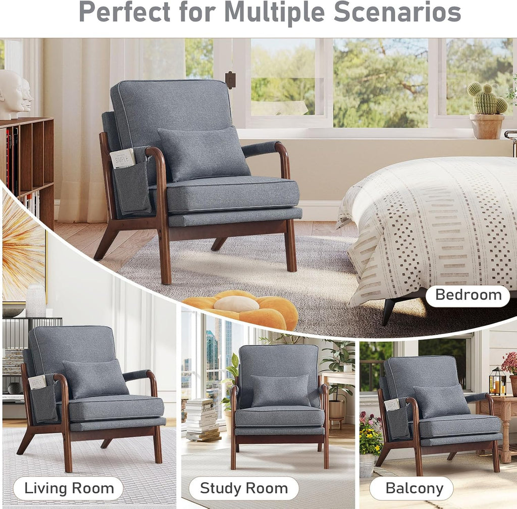 ANJ Mid Century Modern Accent Chair, Lounge Reading Armchair with Extra Side Pocket & Detachable Cushion, Comfy Fabric Accent Chairs for Living Room, Bedroom,Grey