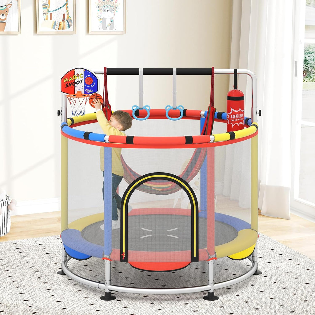 OLAKIDS 55' Trampoline for Kids, Indoor Outdoor Adjustable Toddler Trampoline with Safety Enclosure Net, Baby Recreational Trampolines with Basketball Hoop Hammock Boxing Bag Gymnastic Bar Rings