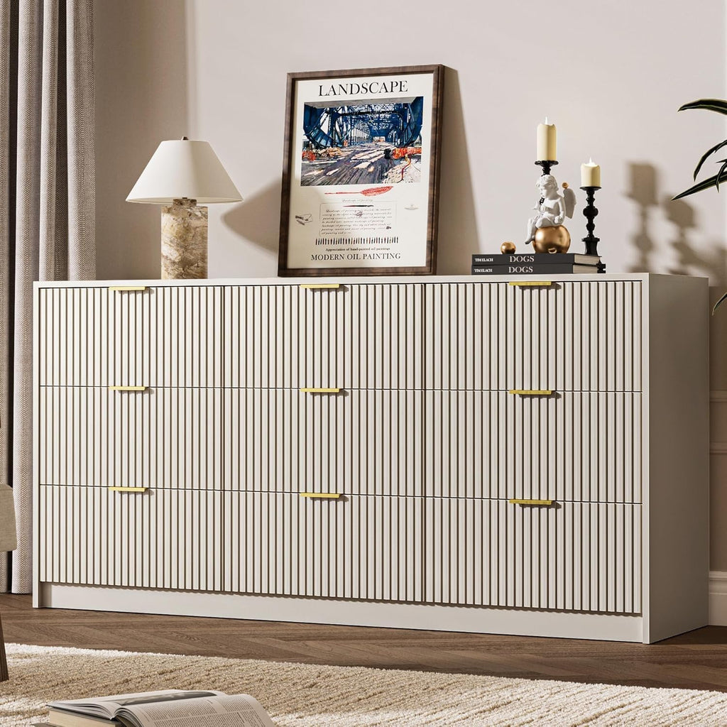 MAISONARIA Beige 9 Drawer Dresser for Bedroom, 63' Wide Modern Fluted Dresser with Gold Metal Handles, Chest of Drawers for Bedroom, Living Room, Entryway, Hallway
