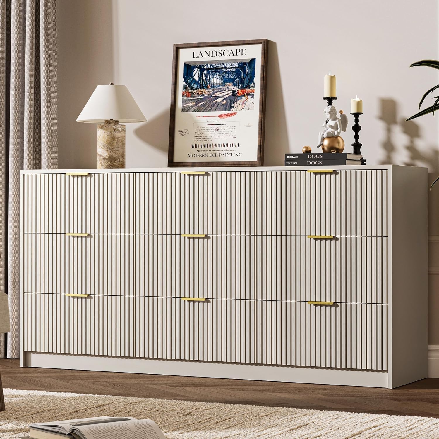 MAISONARIA Beige 9 Drawer Dresser for Bedroom, 63' Wide Modern Fluted Dresser with Gold Metal Handles, Chest of Drawers for Bedroom, Living Room, Entryway, Hallway