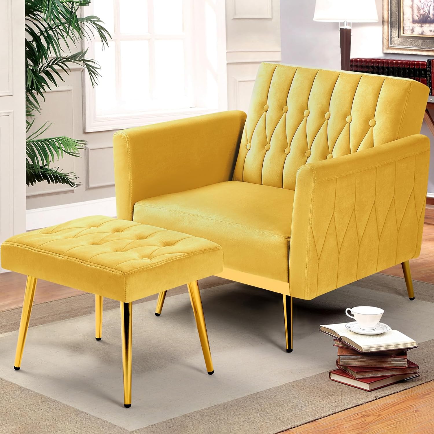 Velvet Accent Chair w/Adjustable Armrests and Backrest, Button Tufted Lounge Chair, Single Recliner Armchair with Ottoman and Pillow for Living Room, Bedroom,Yellow