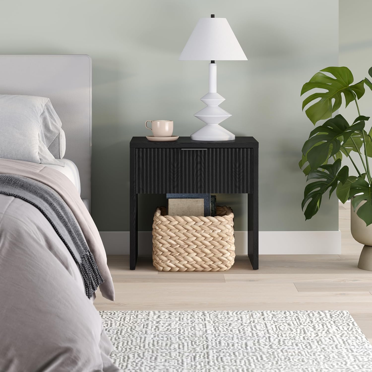 Henn&Hart 24' Fluted Modern Wooden Nightstand, Ribbed Side Table with Storage Drawer and Open Storage Space for Bedroom, Living Room, or Home Office, Natural Black