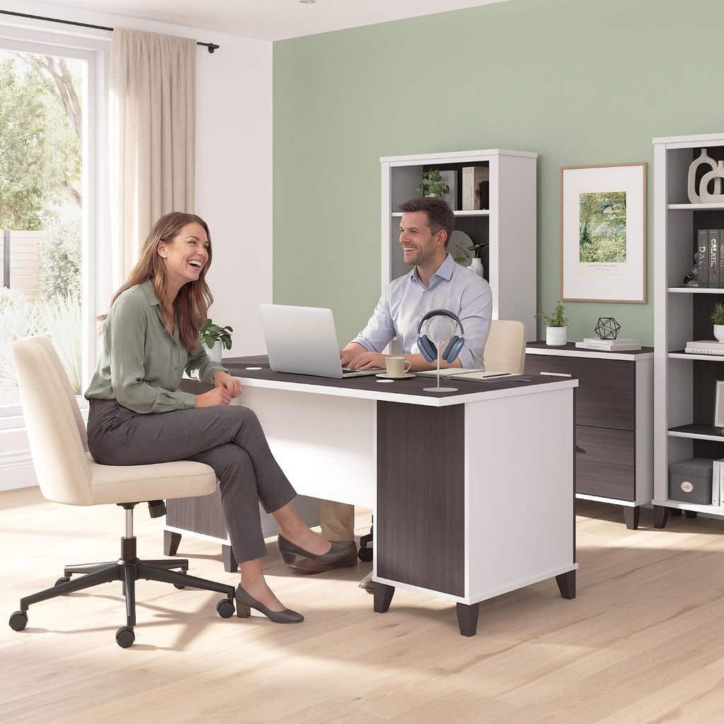 Bush Home 60-Inch Office Desk with Drawers, Computer Desk with File and Box Drawers, Home Office Workstation with Storage Cabinet, Writing Desk Furniture, Somerset Collection, Storm Gray and White