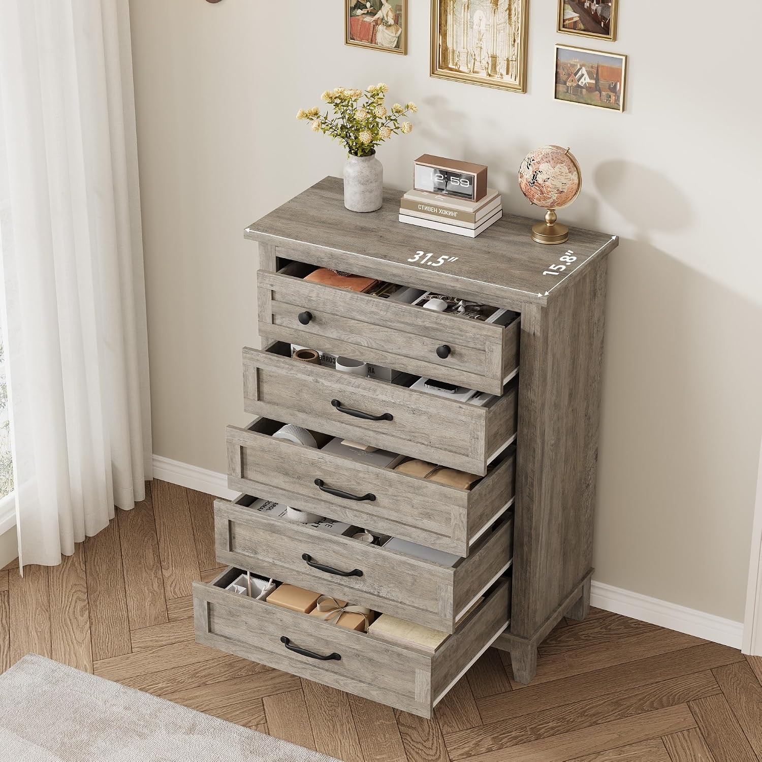 GarveeHome 5 Dresser for Bedroom, 41.3 in Tall Vertical Drawer Dresser with Large Storage, Freestanding Wooden Closet Chest for Bedroom, Living Room, Ash Grey