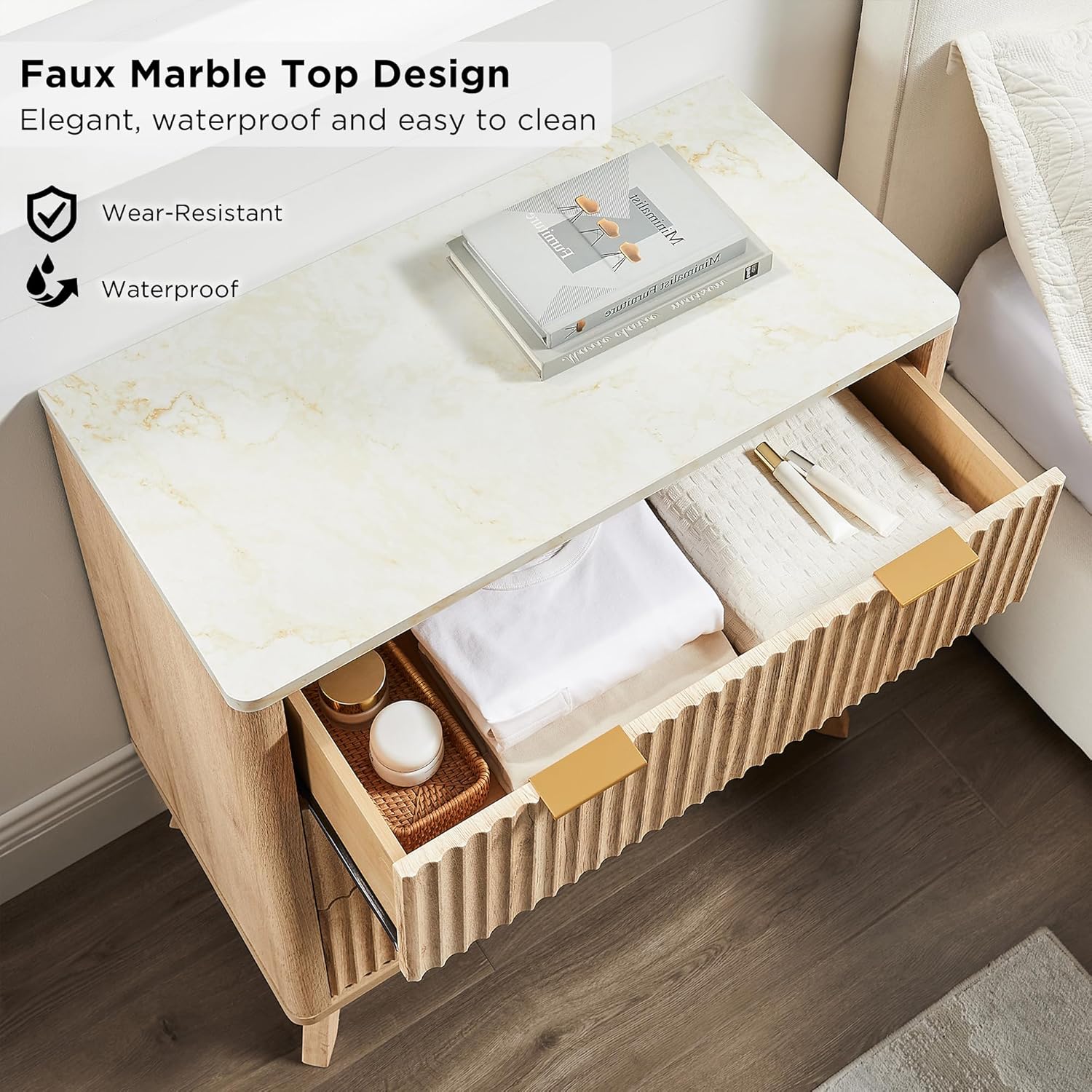 T4TREAM Fluted 3 Drawer Dresser, 32' Tall Modern Chest of Drawers with Faux Marble Top, Curved Profile Design, Wood Drawer Organizer for Bedroom, Living Room, Hallway, Entryway, Natural Oak