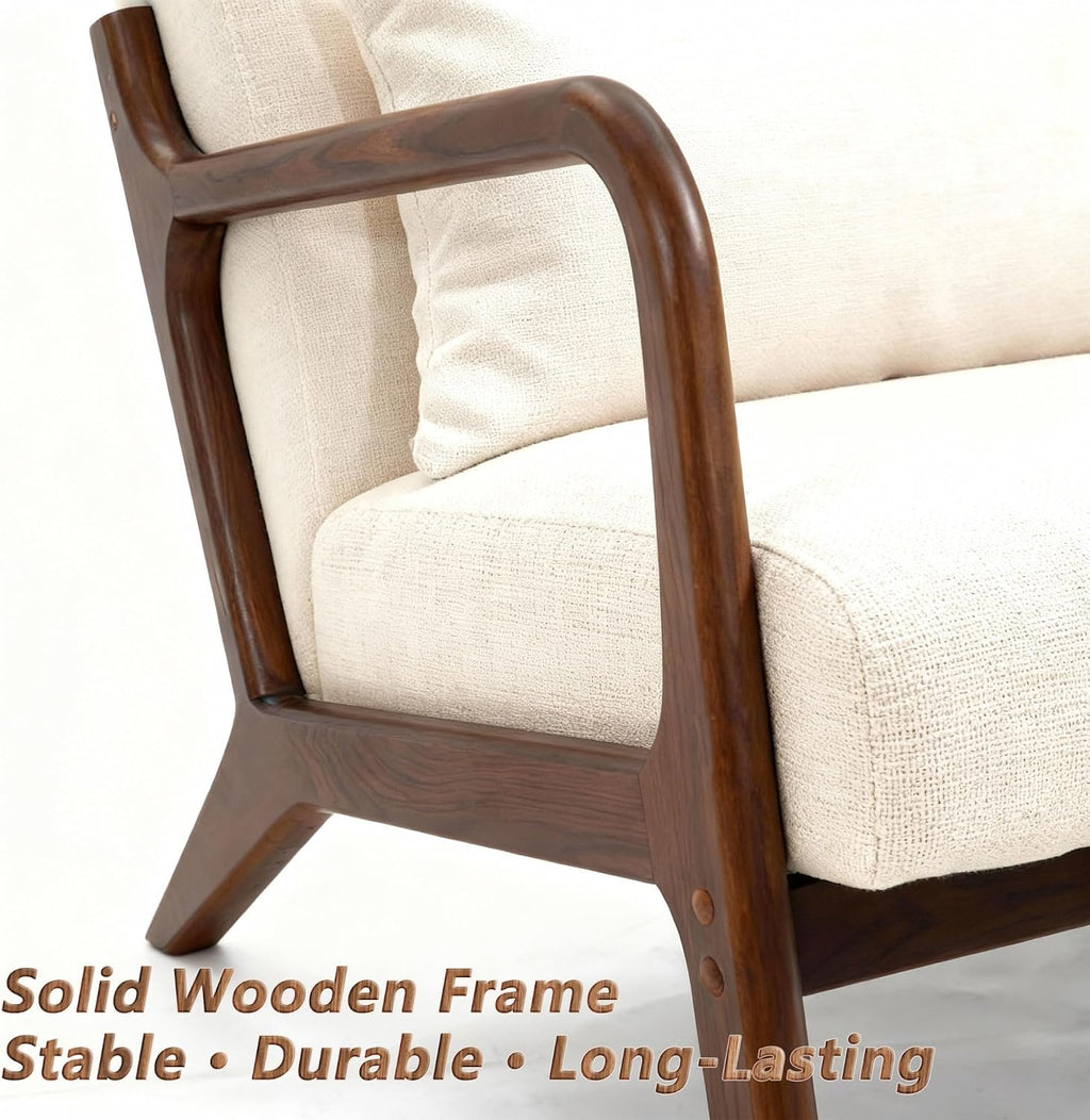 Mid Century Modern Accent Chair - Solid Rubberwood Frame Reading Armchair with Lumbar Pillow - Comfy Linen Lounge Chair for Living Room Bedroom Small Space - Heavy Duty 350lbs