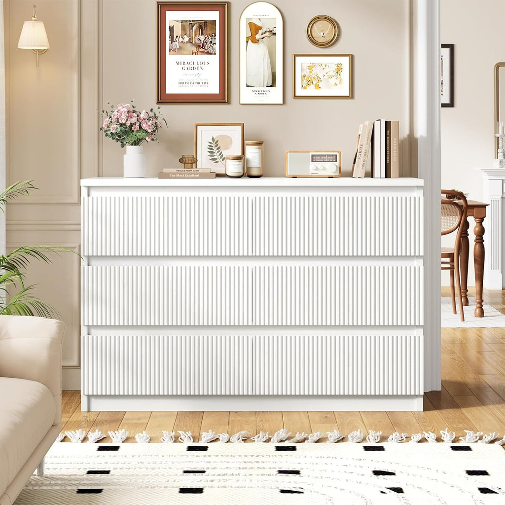 Jocoevol 6 Drawer Fluted Dresser, Modern Chest of Drawers for Bedroom with Hidden Handles, Wood Storage Organizer Cabinet for Living Room & Entryway, White (15.7' D x 47.3' W x 31.6' H)