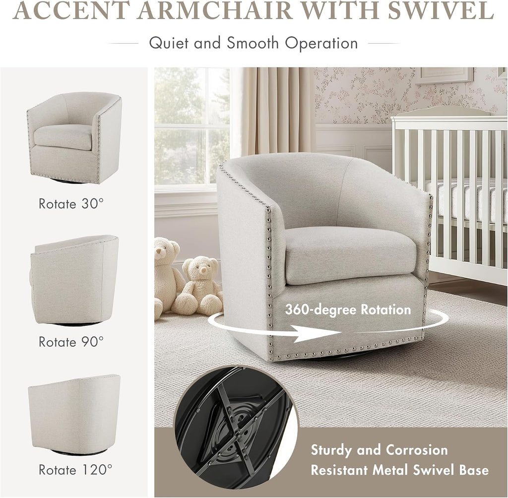 Madison Park Swivel Barrel Accent Chair, Upholstered Curved Back with 7-Inch Thick Woven Cushion, 360° Swivel, Nailhead Trim, Comfy Chair for Living Room, Bedroom, Office, 28' Wide, Neutral, Tyler