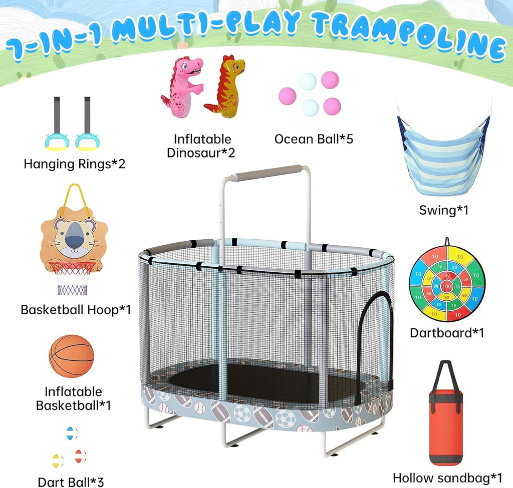 LAMERGE 55' 7-in-1 Round Trampoline for Kids Boys & Girls Ages 1-8, Indoor & Outdoor Trampoline for Fun, Adjustable Height Handrail ＆ Enclosed Safety Net ＆ Durable Designs for Toddlers Children