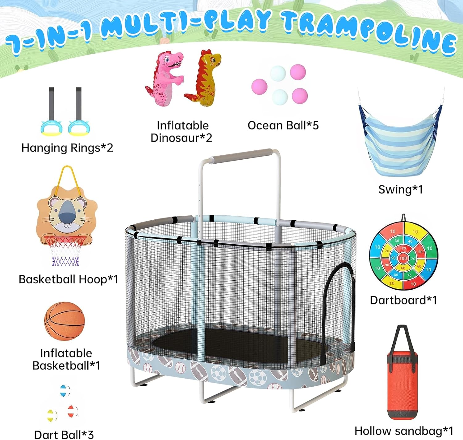 LAMERGE 55' 7-in-1 Round Trampoline for Kids Boys & Girls Ages 1-8, Indoor & Outdoor Trampoline for Fun, Adjustable Height Handrail ＆ Enclosed Safety Net ＆ Durable Designs for Toddlers Children
