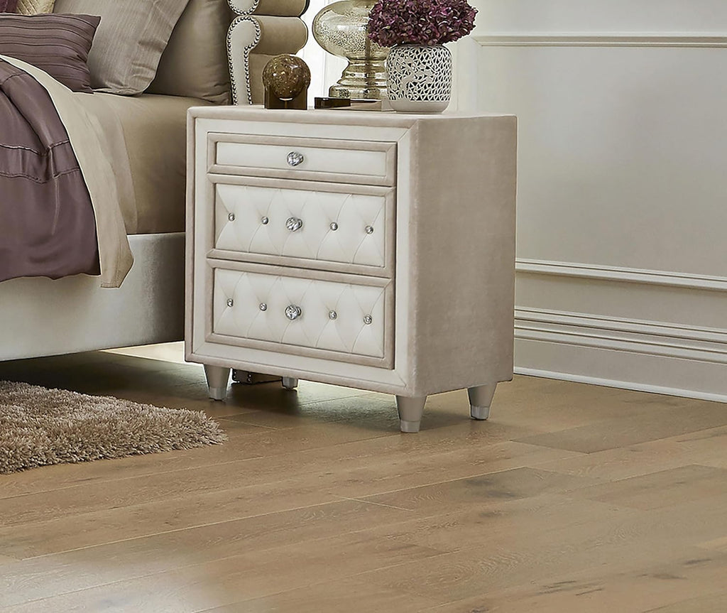 Coaster Home Furnishings - Antonella - Wood - 3-Drawer Upholstered Nightstand with Velvet Upholstery, Button Tufting, Crystal-Like Buttons and Tapered Legs - Bedroom - Ivory and Camel - 223522
