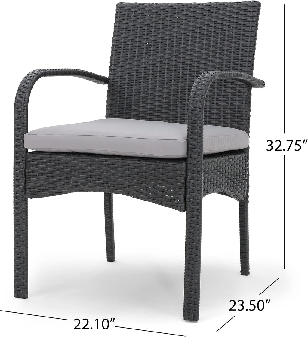 Christopher Knight Home Louise Outdoor Wicker Dining Set with Acacia Wood Table and Bench and Water Resistant Cushions, 6-Pcs Set, Sandblast Light Grey / Black Rustic Metal / Grey / Grey Cushions