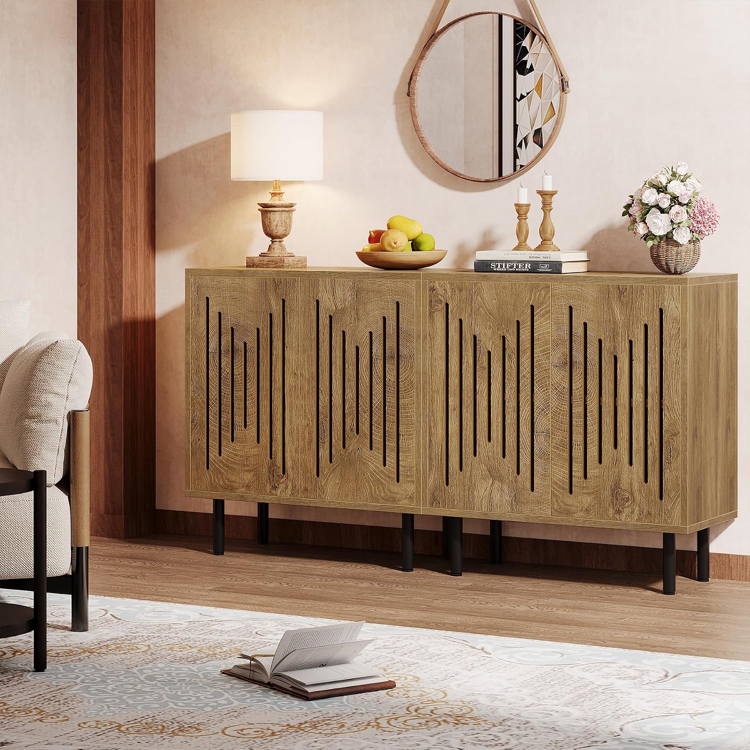 Tribesigns Set of 2 Sideboard Buffet with Storage, 59' Buffet Sideboard Cabinet with Adjustable Shelves, Accent Storage Cabinet for Living Room, Natural