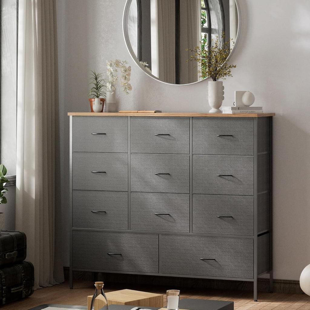 VASICAR 43.3' Wide Fabric Dresser for Bedroom, Chest of Drawers with 11 Deep Drawers, Multi-Drawers TV Stand TV Console, Storage Organizer for Closet, Nursery (Black)