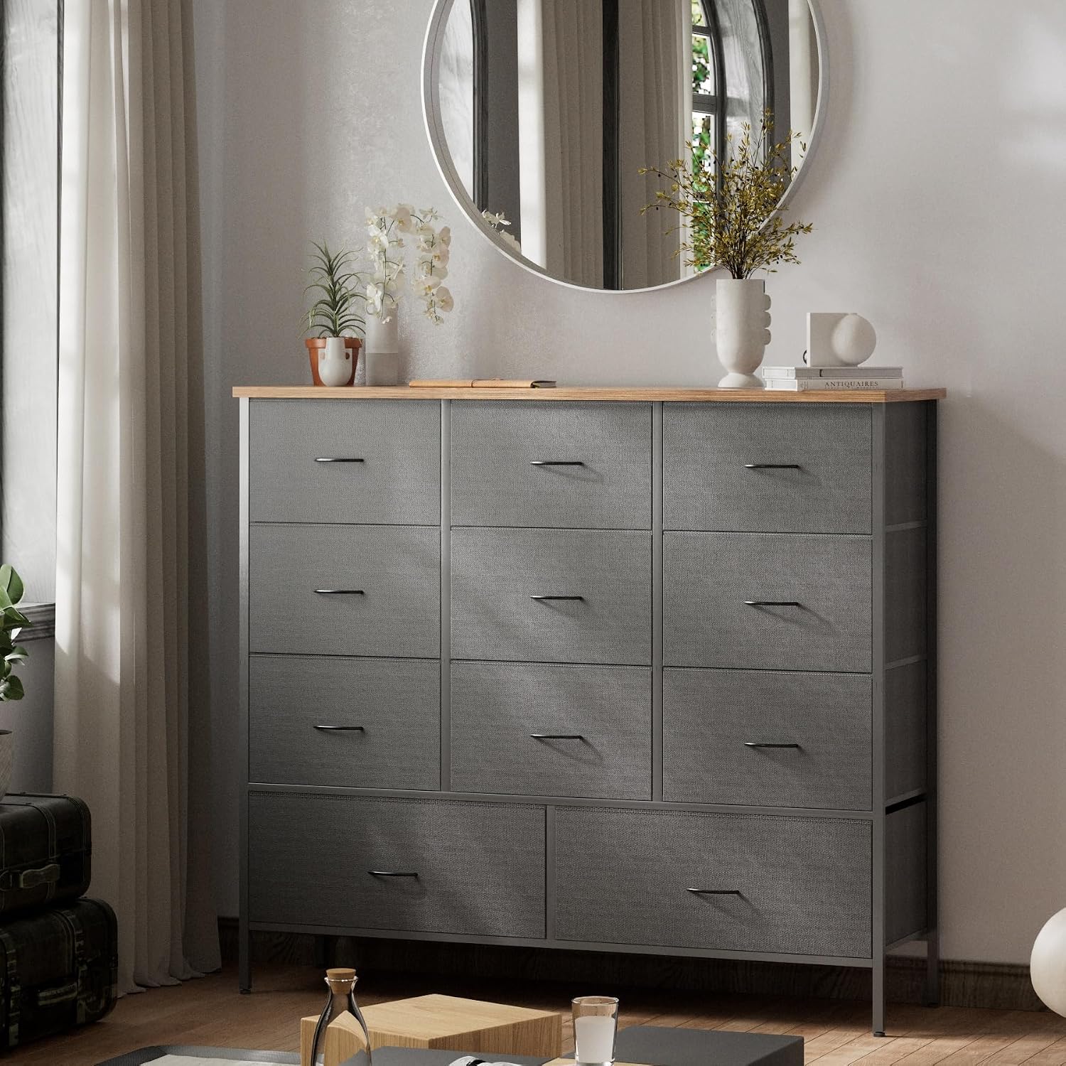 VASICAR 43.3' Wide Fabric Dresser for Bedroom, Chest of Drawers with 11 Deep Drawers, Multi-Drawers TV Stand TV Console, Storage Organizer for Closet, Nursery (Black)