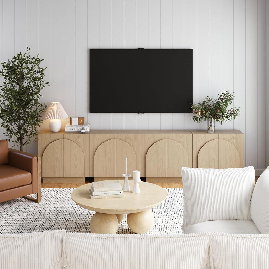 Nathan James Iris Mid-Century Modern Credenza, Light Brown TV Stand, Living Room Wood Storage Cabinet with Arched Cabinet Doors, White Oak, Set of 4