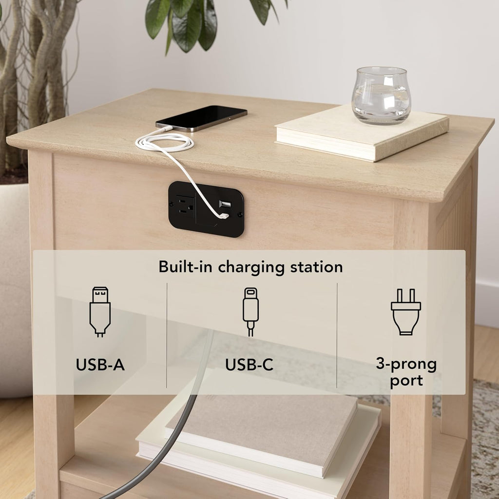 Bush Home Fluted Nightstand with Drawer, Bedroom Furniture, Camille Collection, Natural Birch Beige