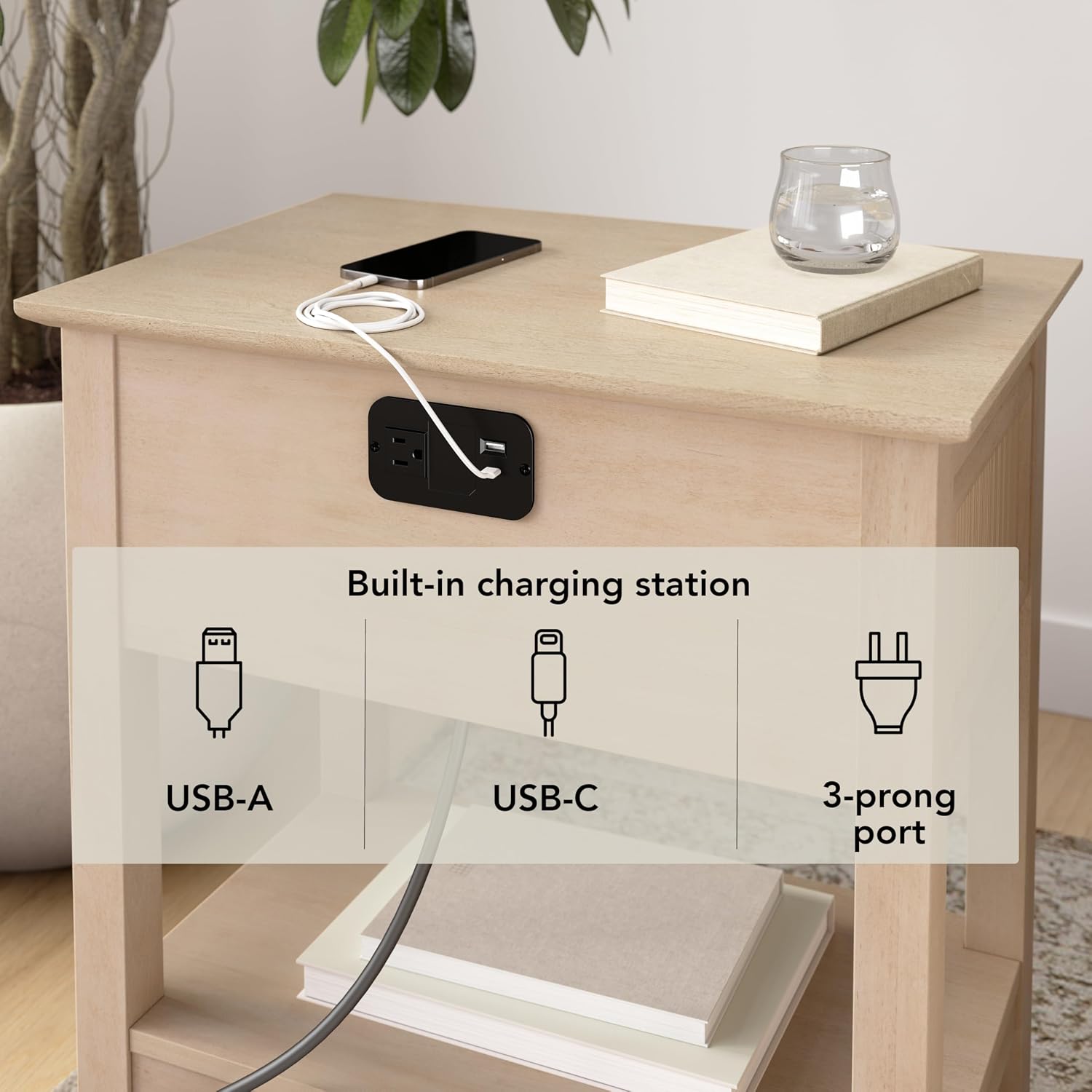 Bush Home Fluted Nightstand with Drawer, Bedroom Furniture, Camille Collection, Natural Birch Beige