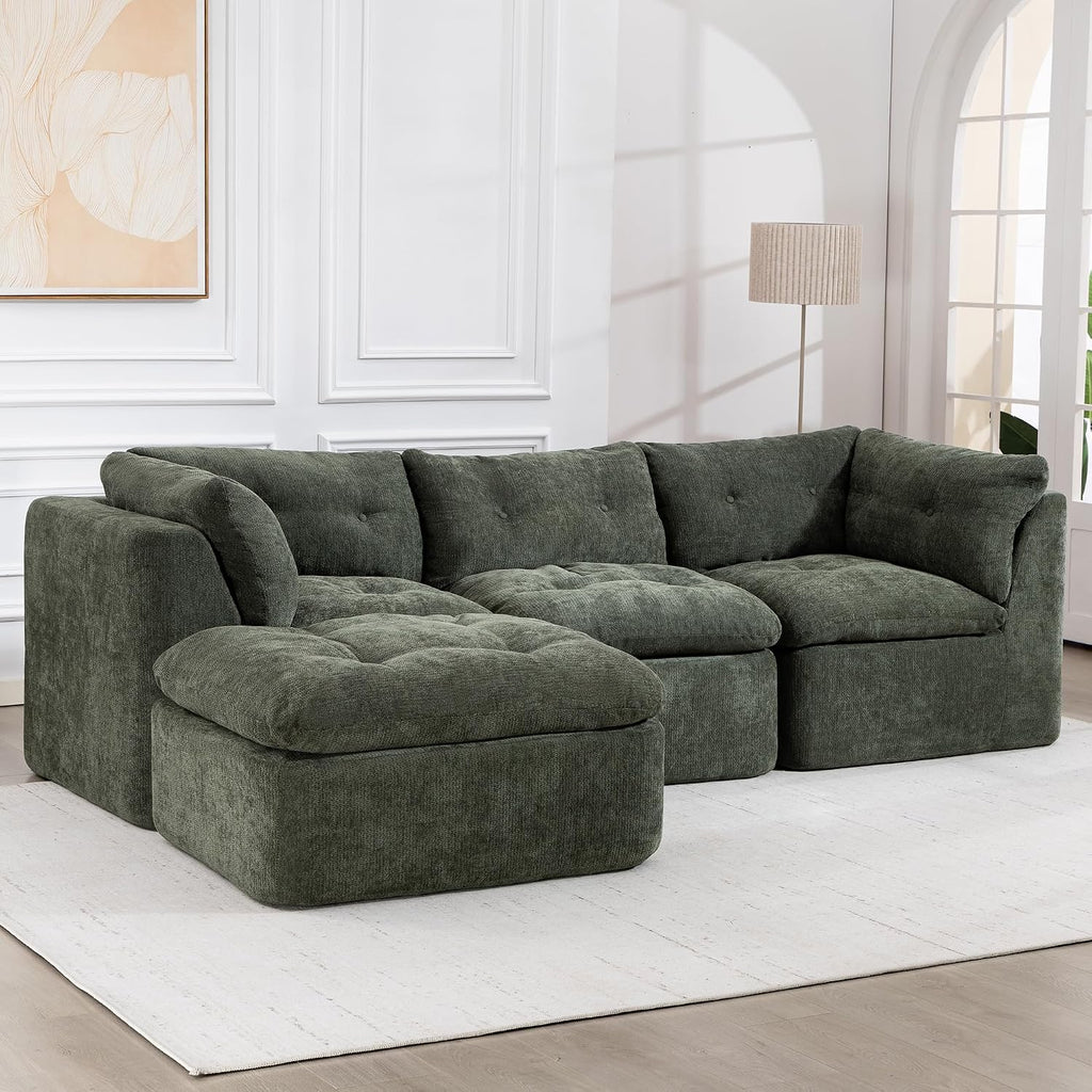 Tufted Cushions Cloud Sectional Boneless Sectional Sofa with Movable Ottoman, 112' Oversized Modular Convertible L Shaped Corner Couch with Deep Seat,Memory Foam Compressed Sofa