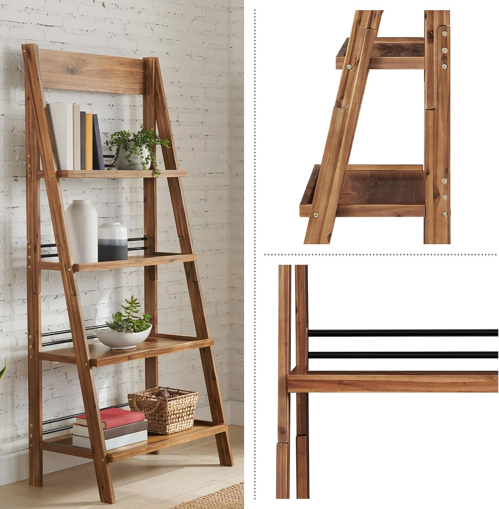 4-Tier Ladder Bookshelf - Freestanding Bookcase with Bar Back Frame - Shelves for Living Room, Kitchen, Bedroom, and Office by Lavish Home (Walnut)