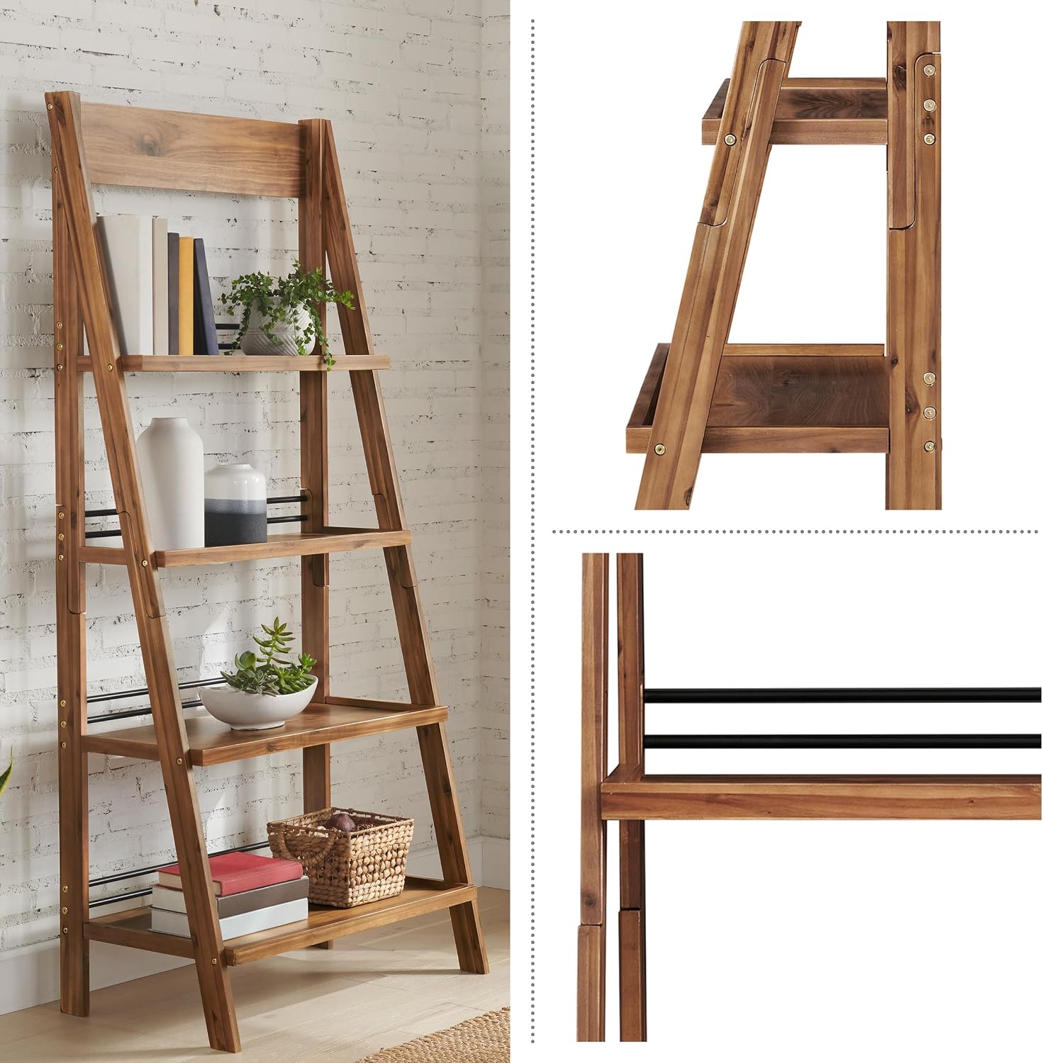 4-Tier Ladder Bookshelf - Freestanding Bookcase with Bar Back Frame - Shelves for Living Room, Kitchen, Bedroom, and Office by Lavish Home (Walnut)
