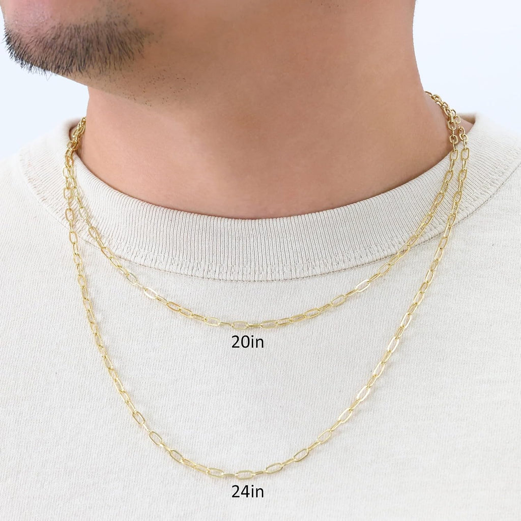 Nuragold 14k Real Yellow Gold Paperclip 3mm Elongated Cable Link Necklace (16'-24') Dainty Italian Jewelry for Men & Women