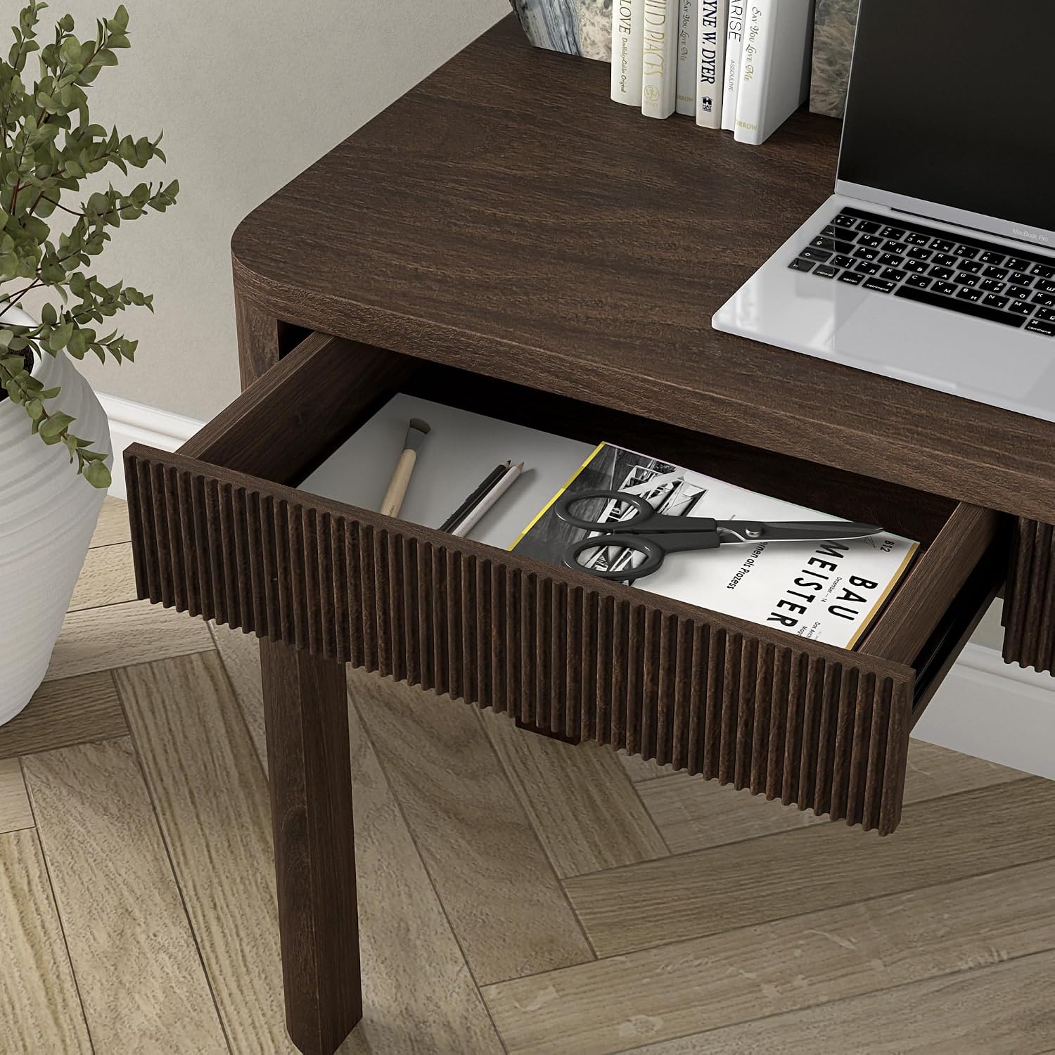 Henn&Hart 48' Fluted Modern Rectangular Home Office Desk Computer Desk Writing Table with 2 Ribbed Storage Drawers for Bedroom, Living Room, or Home Office, Rich Brown