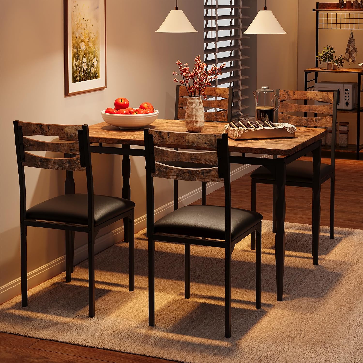 GarveeHome 5 Piece Dining Table Set, Industrial Style Dining Table and Chairs Set for 4, Kitchen Table Set for Dining Room Kitchen Apartment, Brown