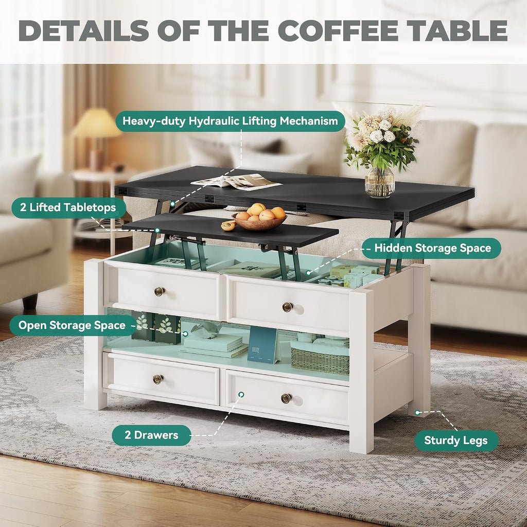YITAHOME Coffee Table Lift Top, Multi-Function Convertible Coffee Table with Drawers and Hidden Compartment, Converts to Dining Table for Living Room