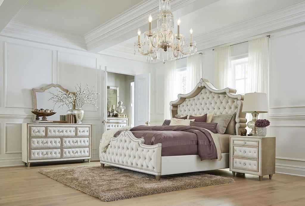 Coaster Home Furnishings - Antonella - Wood - 3-Drawer Upholstered Nightstand with Velvet Upholstery, Button Tufting, Crystal-Like Buttons and Tapered Legs - Bedroom - Ivory and Camel - 223522